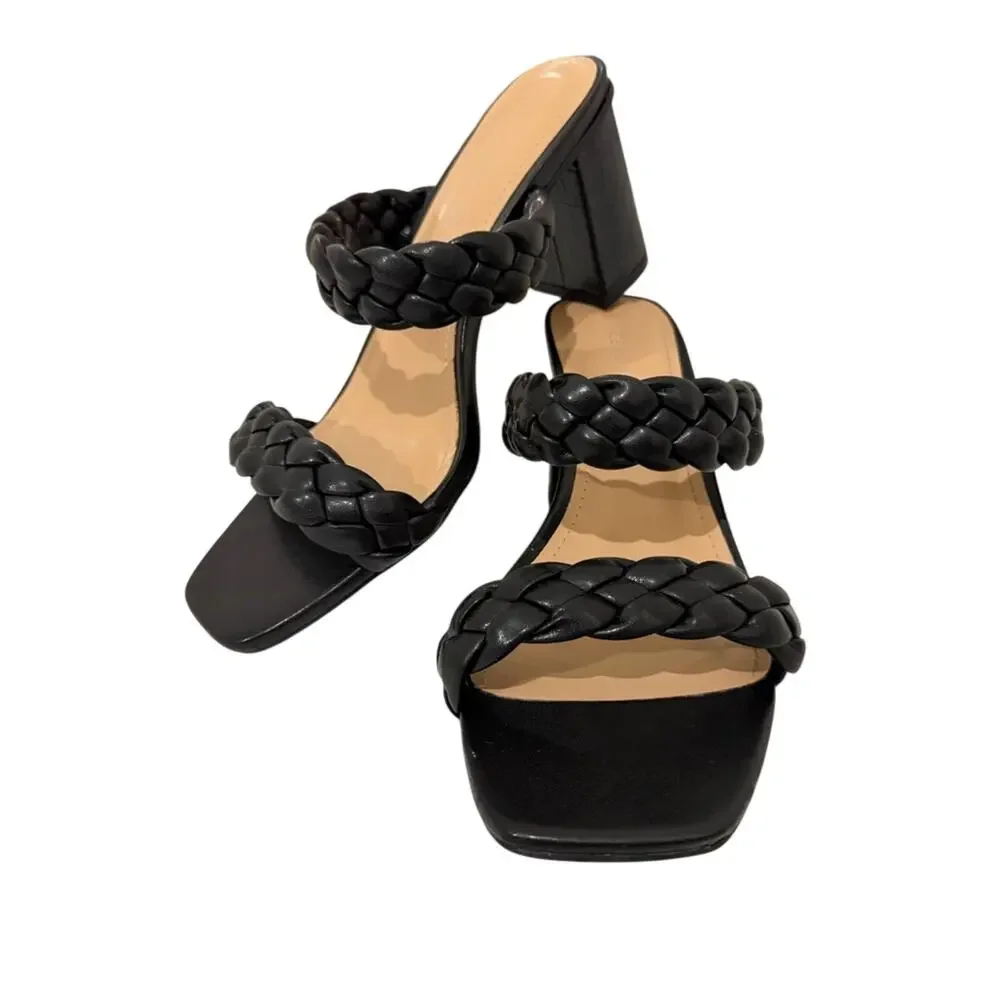Sincerly Jules Iris Braided Double-Strap Block Heel Black Shoe Sandals - 9.5